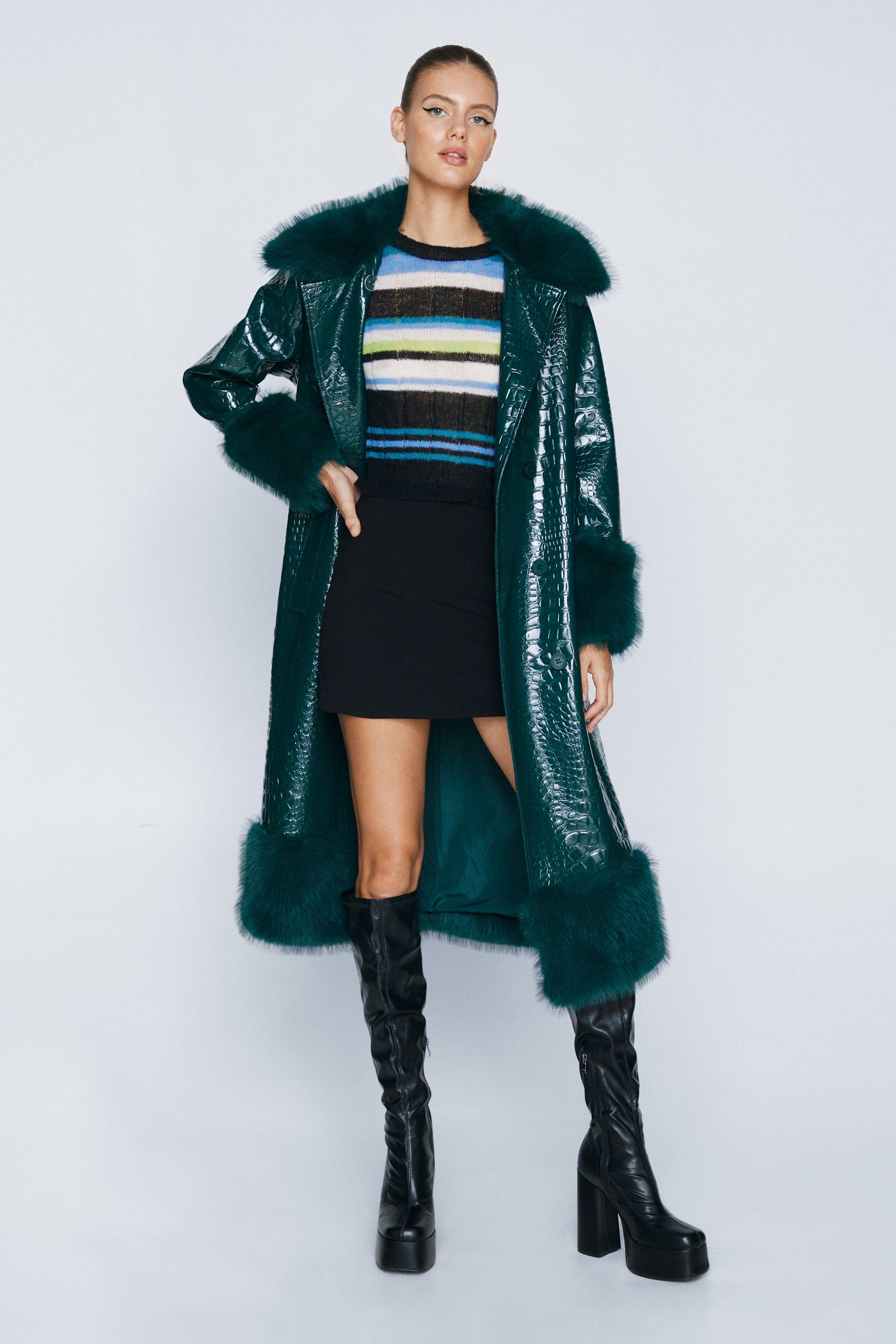 Faux hot Fur Trim Crocodile Coat